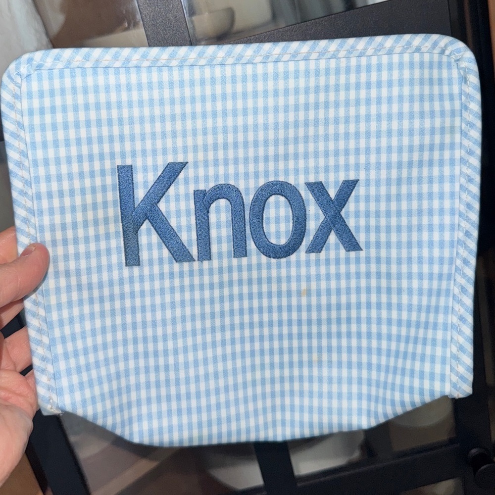 Knox TRVL roading bag embroidered personalized gingham zip up pouch toiletry